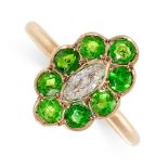 A DEMANTOID GARNET AND DIAMOND RING the navette face set with a central a marquise cut diamond of