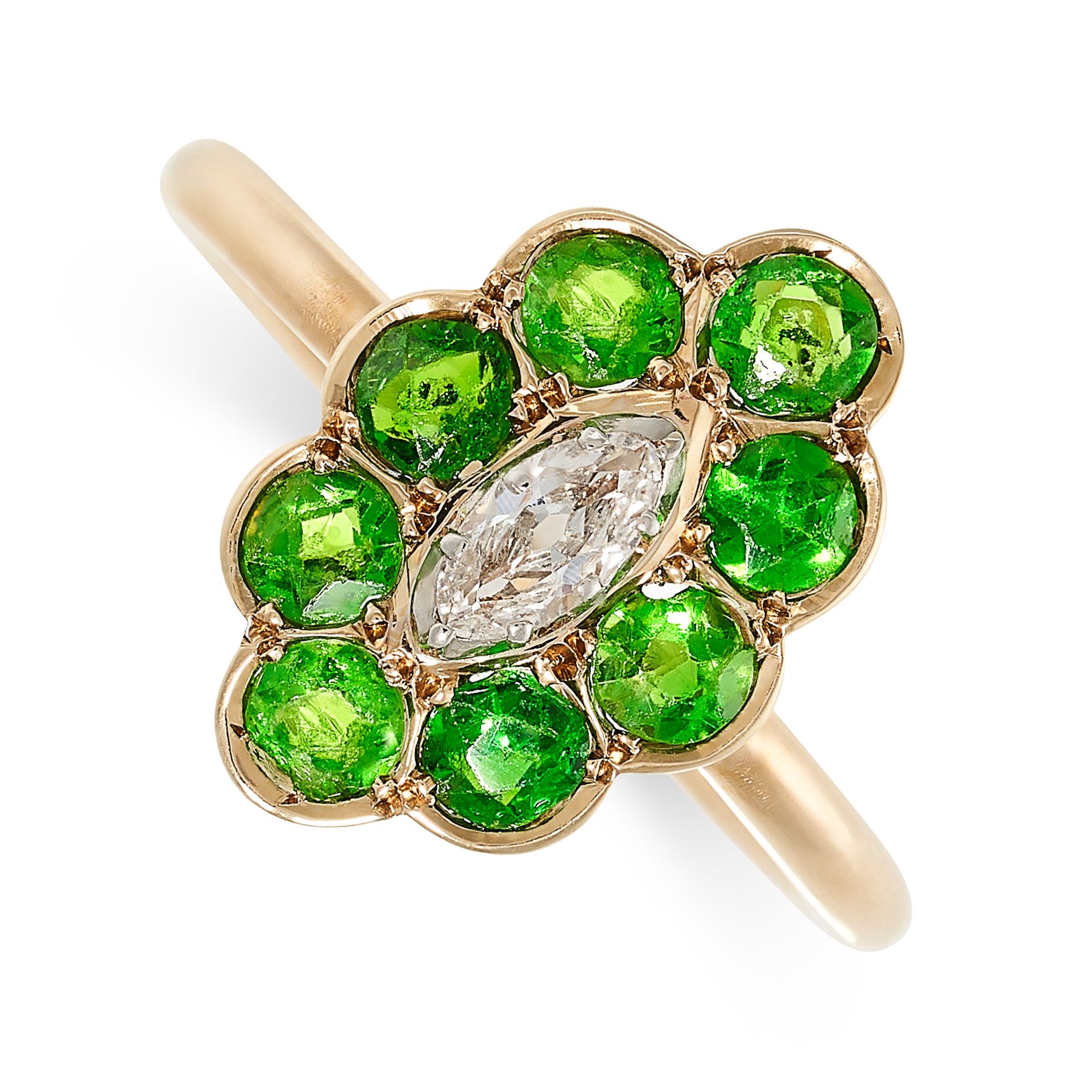 A DEMANTOID GARNET AND DIAMOND RING the navette face set with a central a marquise cut diamond of