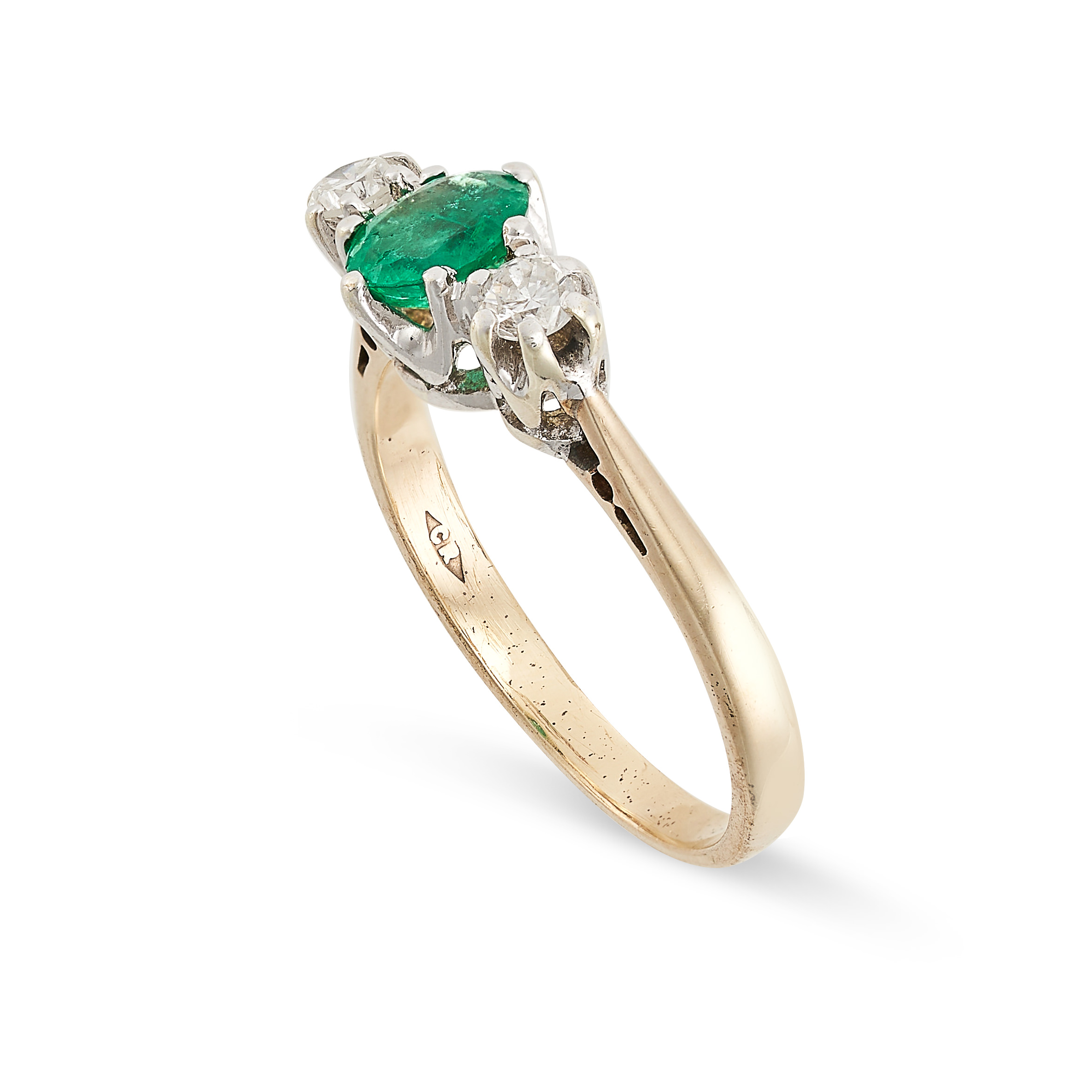 AN EMERALD AND DIAMOND THREE STONE RING in 9ct yellow gold, set with an oval cut emerald between two - Image 2 of 2
