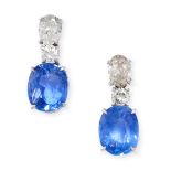 A PAIR OF BURMA NO HEAT SAPPHIRE AND DIAMOND DROP EARRINGS in platinum, each set with a cushion