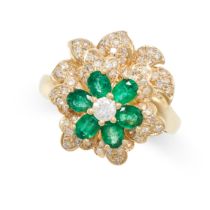AN EMERALD AND DIAMOND DRESS RING designed as a flower, set with a central round brilliant cut