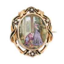 AN ANTIQUE FRENCH ENAMEL AND PEARL BROOCH in yellow gold, set with an oval painted miniature