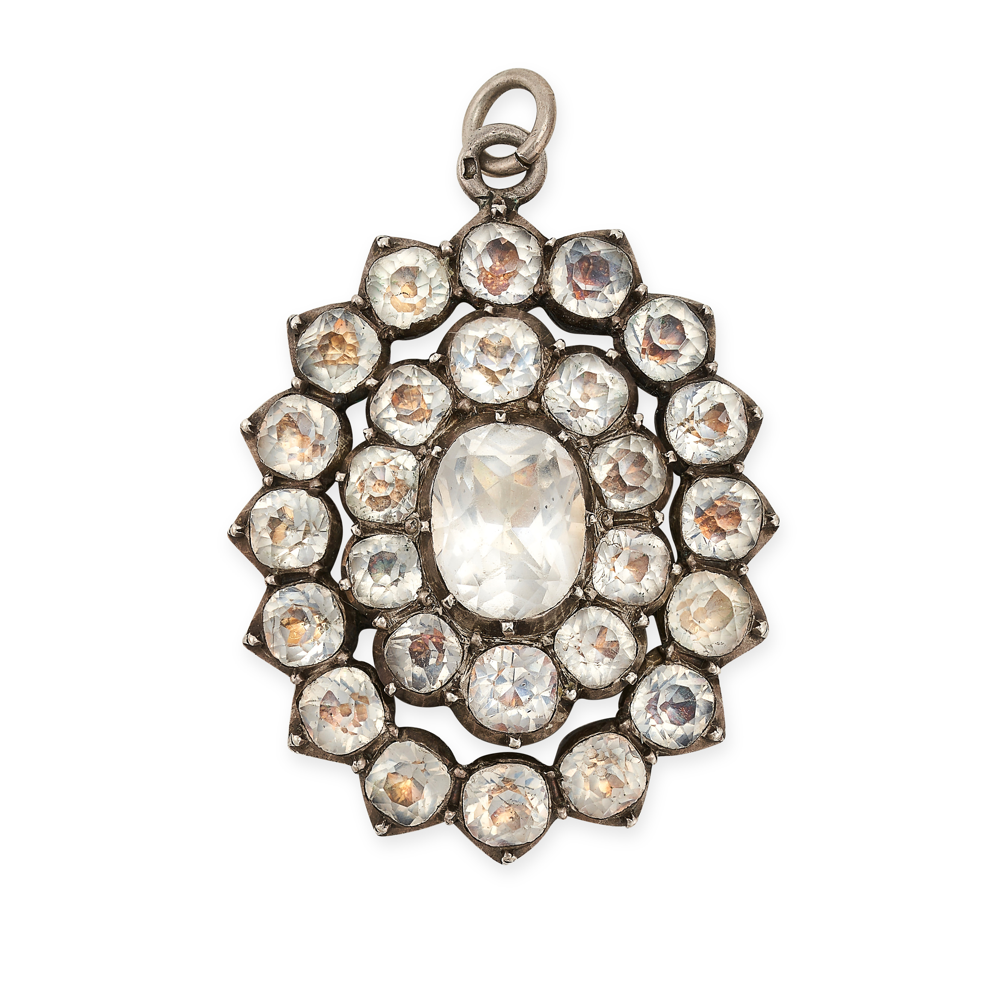AN ANTIQUE PASTE PENDANT set with a cushion cut paste within concentric borders of old cut paste