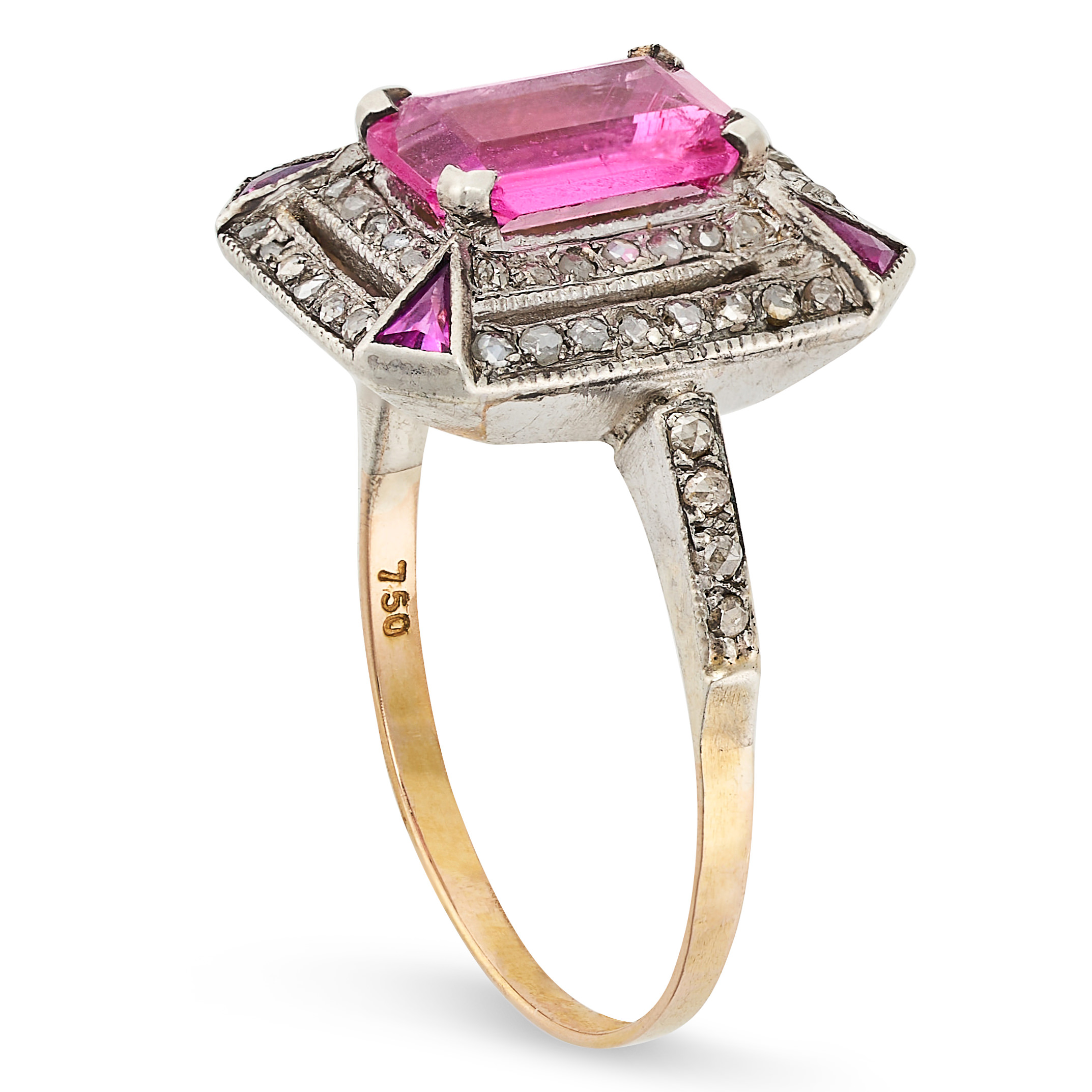 A PINK TOURMALINE, RUBY AND DIAMOND RING set with an emerald cut pink tourmaline in a border of rose - Image 2 of 2
