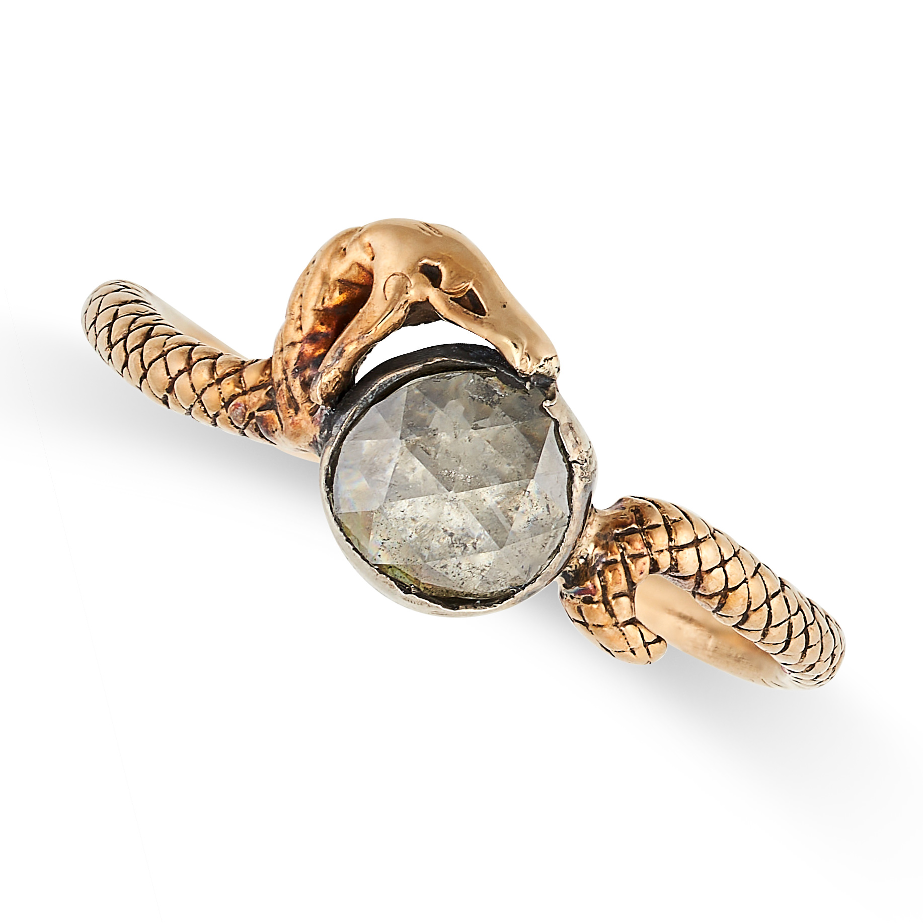 AN ANTIQUE DIAMOND SNAKE RING in yellow gold and silver, designed as a snake coiled around a rose