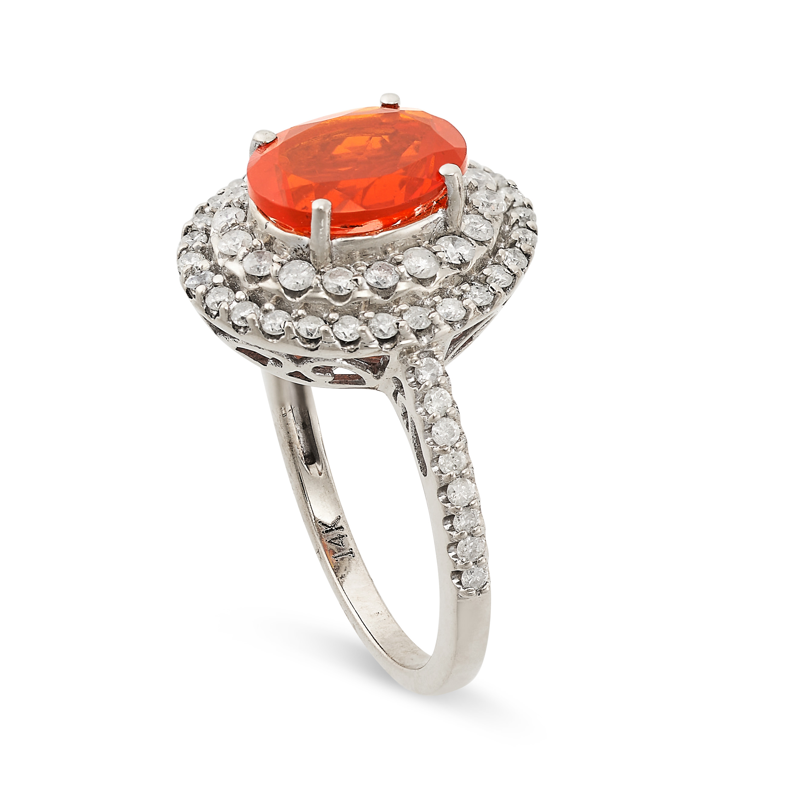 A FIRE OPAL AND DIAMOND RING set with an oval cut fire opal of 1.33 carats in a double border of - Image 2 of 2