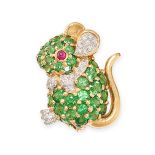 A TSAVORITE GARNET, RUBY AND DIAMOND MOUSE BROOCH in yellow gold, designed as a mouse, the body