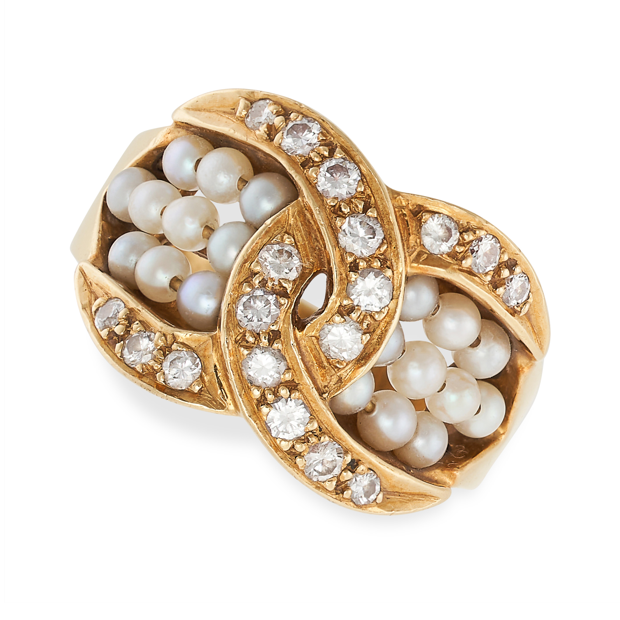 A VINTAGE FRENCH PEARL AND DIAMOND RING in 18ct yellow gold, comprising two interlocking C motifs