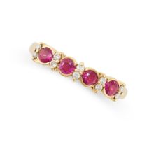 A RUBY AND DIAMOND RING in 18ct yellow gold, set with four round cut rubies punctuated by pairs of