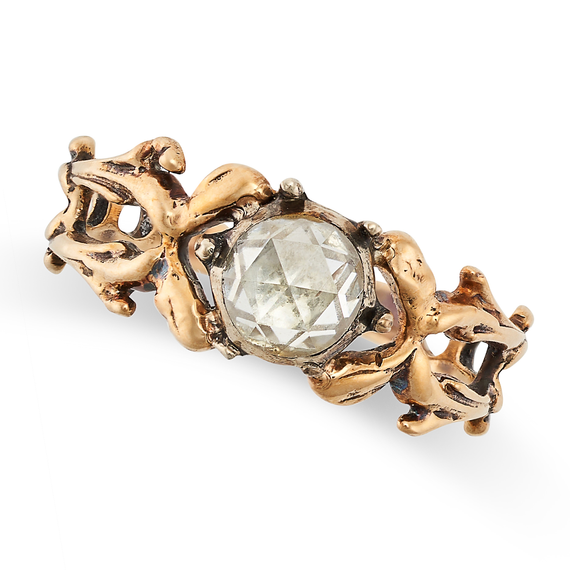 AN ANTIQUE DIAMOND SOLITAIRE in yellow gold and silver, set with a rose cut diamond on a stylised - Image 2 of 2
