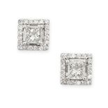 A PAIR OF DIAMOND CLUSTER EARRINGS in 18ct white gold, each set with a princess cut diamond in a