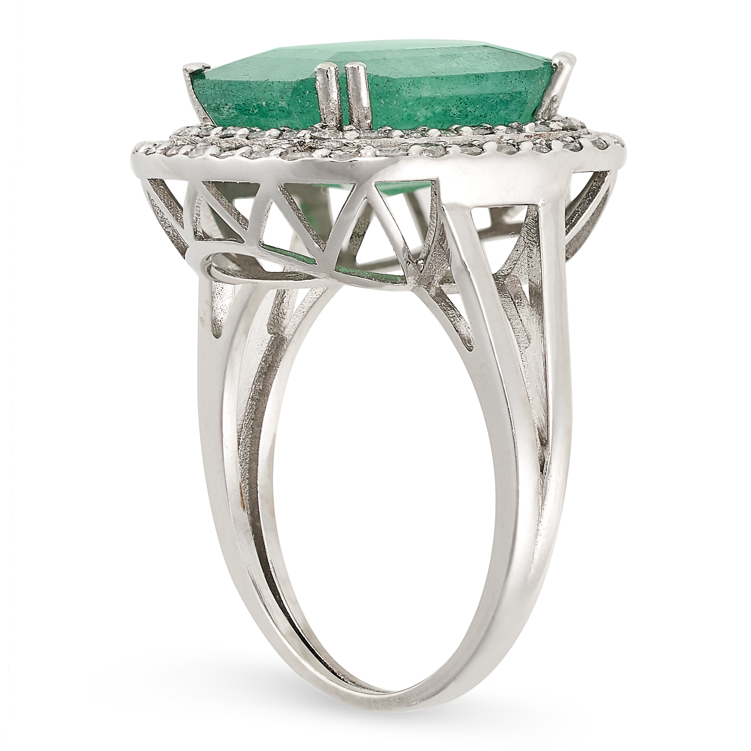 AN EMERALD AND DIAMOND RING set with an octagonal cut emerald, within a double border of round cut - Image 2 of 2