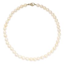 A PEARL AND DIAMOND NECKLACE comprising a single row of pearls, the clasp set with rose cut