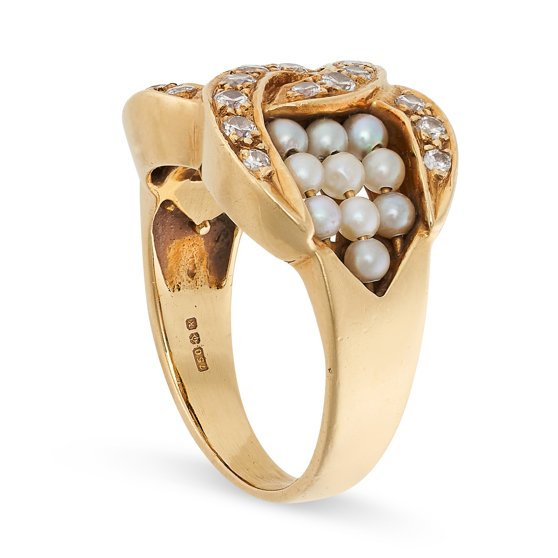A VINTAGE FRENCH PEARL AND DIAMOND RING in 18ct yellow gold, comprising two interlocking C motifs - Image 2 of 2