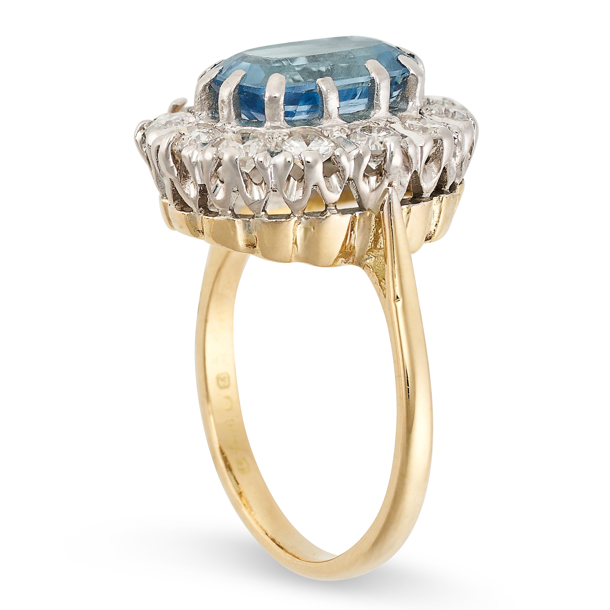 AN AQUAMARINE AND DIAMOND CLUSTER RING in 18ct yellow gold, set with a cushion cut aquamarine of 2. - Image 2 of 2