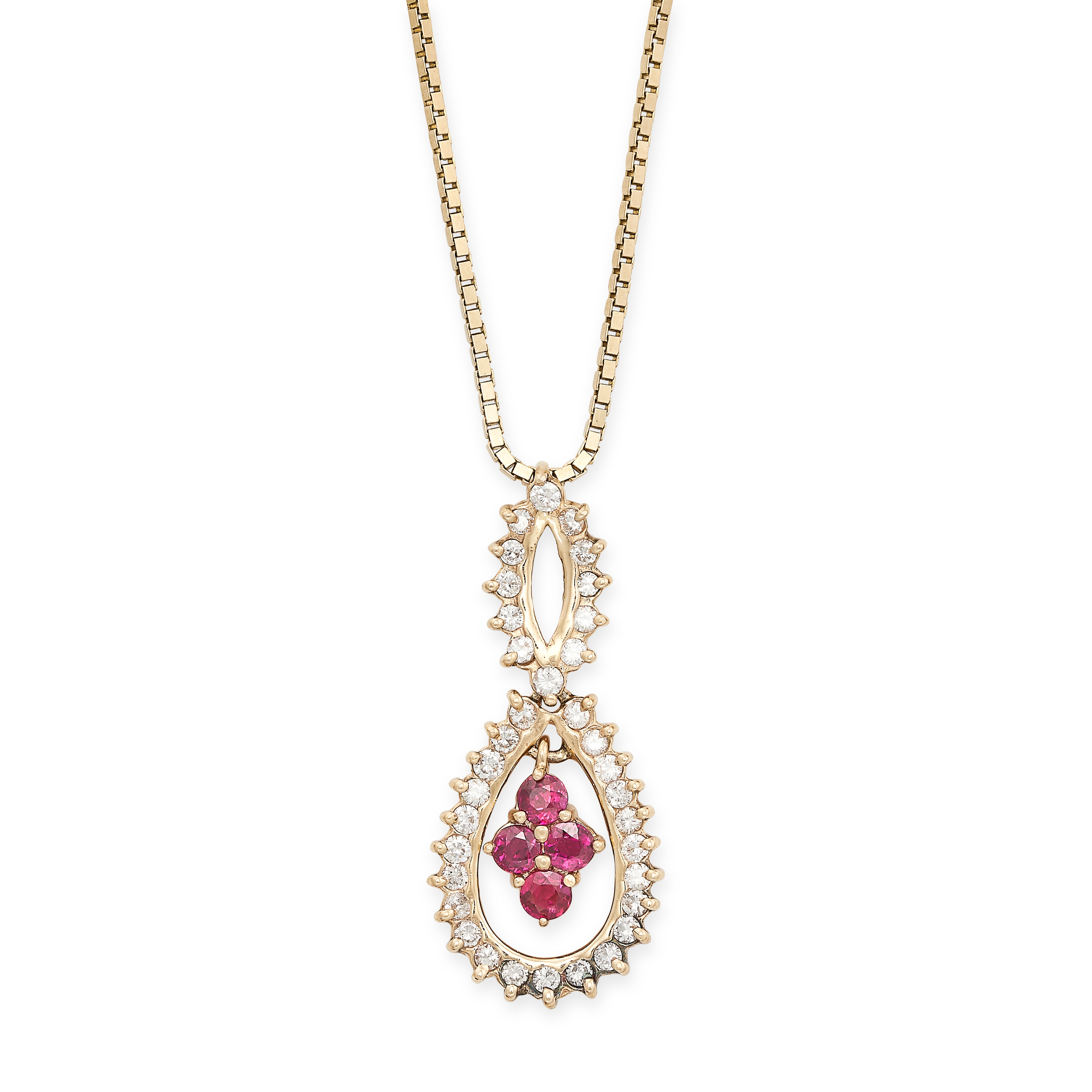 A DIAMOND AND SYNTHETIC RUBY PENDANT NECKLACE the pendant set with a cluster of round cut