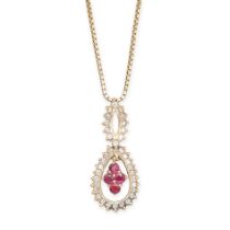 A DIAMOND AND SYNTHETIC RUBY PENDANT NECKLACE the pendant set with a cluster of round cut