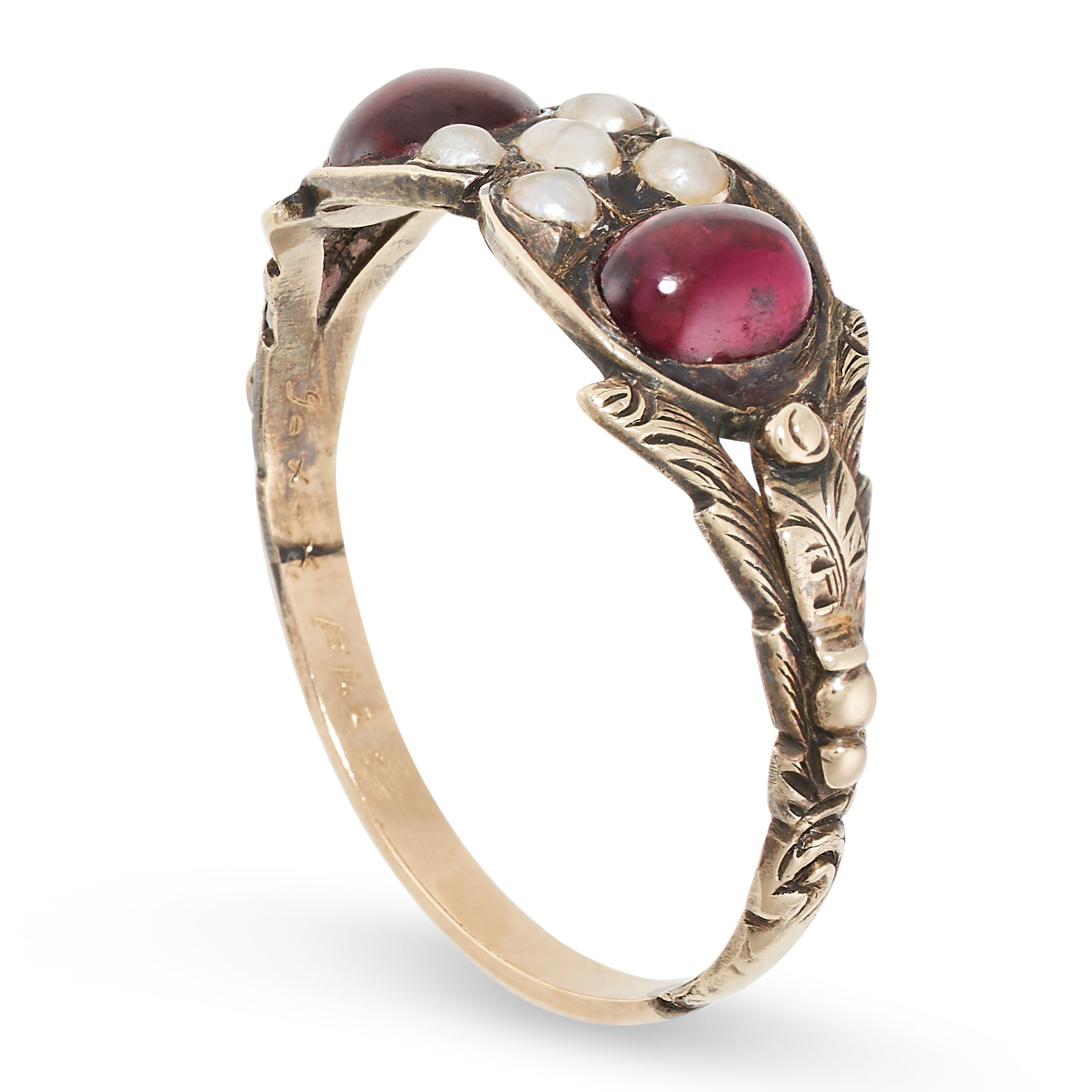 AN ANTIQUE GARNET AND PEARL RING in yellow gold, set with two cabochon garnets and a cluster of seed - Image 2 of 2