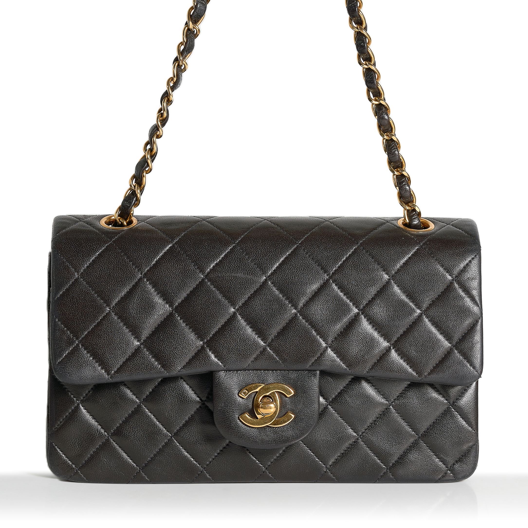 CHANEL, A VINTAGE BLACK QUILTED LAMB LEATHER 9" DOUBLE FLAP BAG quilted lamb leather, gold tone