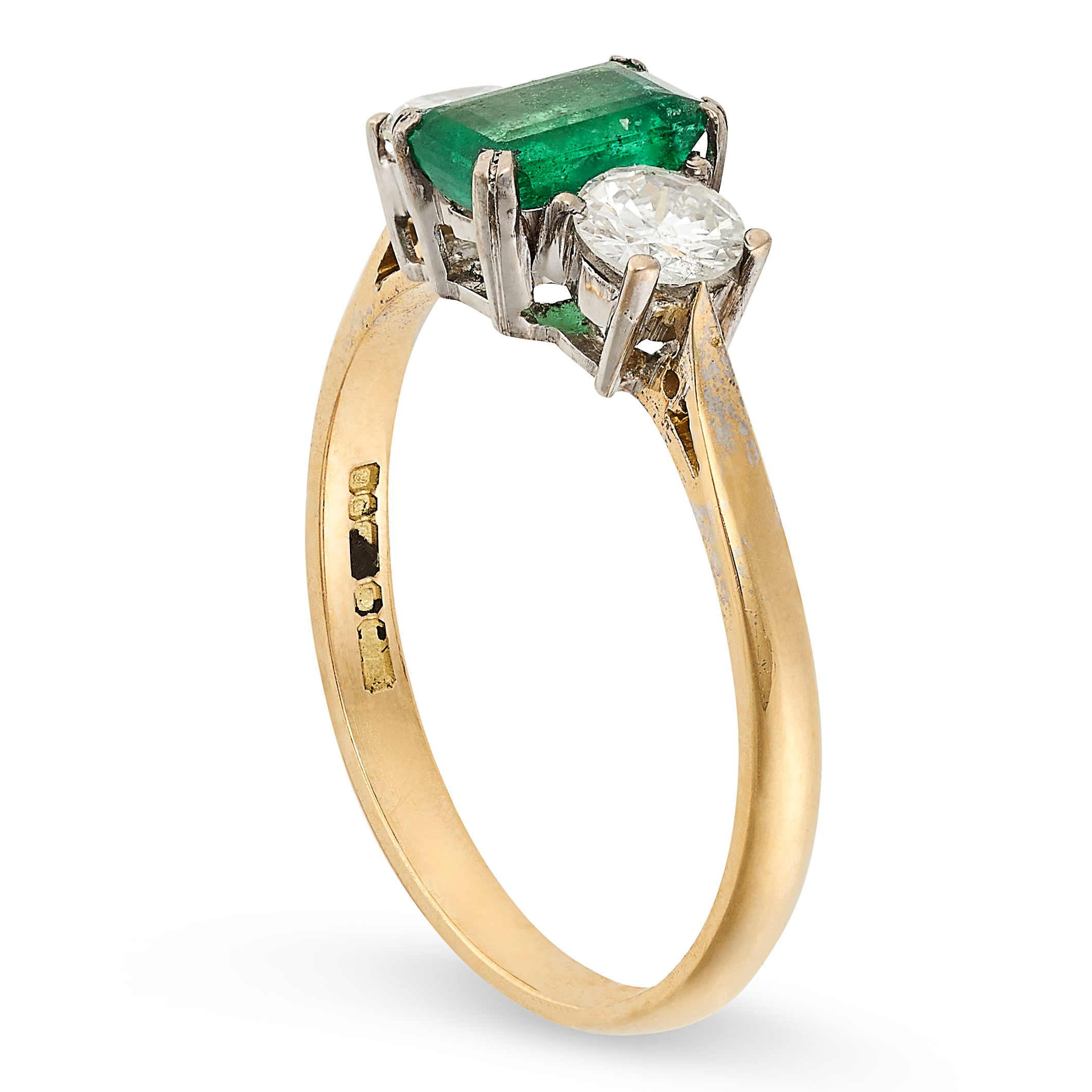 AN EMERALD AND DIAMOND THREE STONE RING in 18ct yellow gold, set with a rectangular step cut emerald - Image 2 of 2