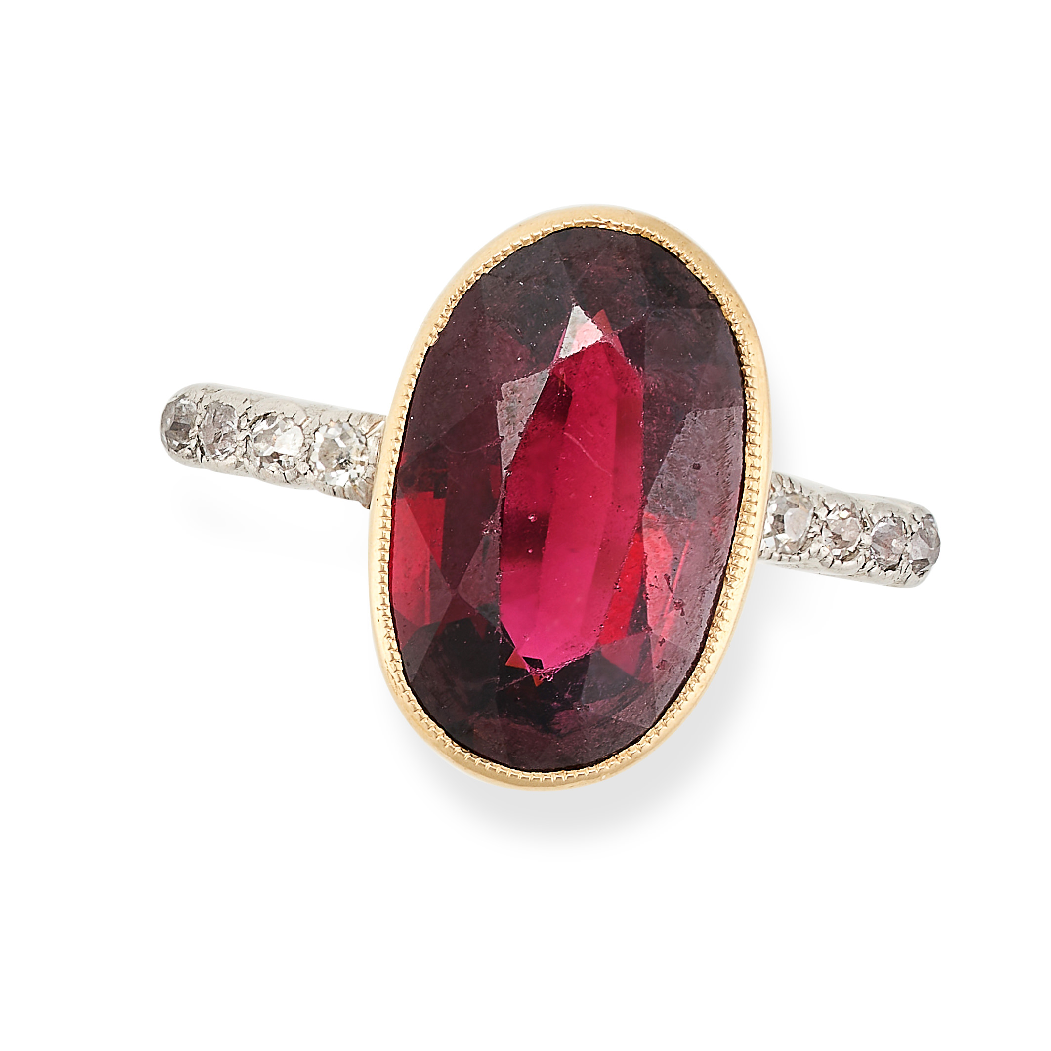 A GARNET AND DIAMOND RING set with an oval cut garnet, the shoulders accented by single cut
