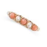 A CORAL AND PEARL FIVE STONE RING in 9ct yellow gold, set with alternating cabochon coral and pearls