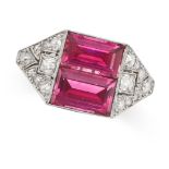 A FINE ART DECO PINK TOURMALINE AND DIAMOND RING in 18ct white gold, set with two rectangular step