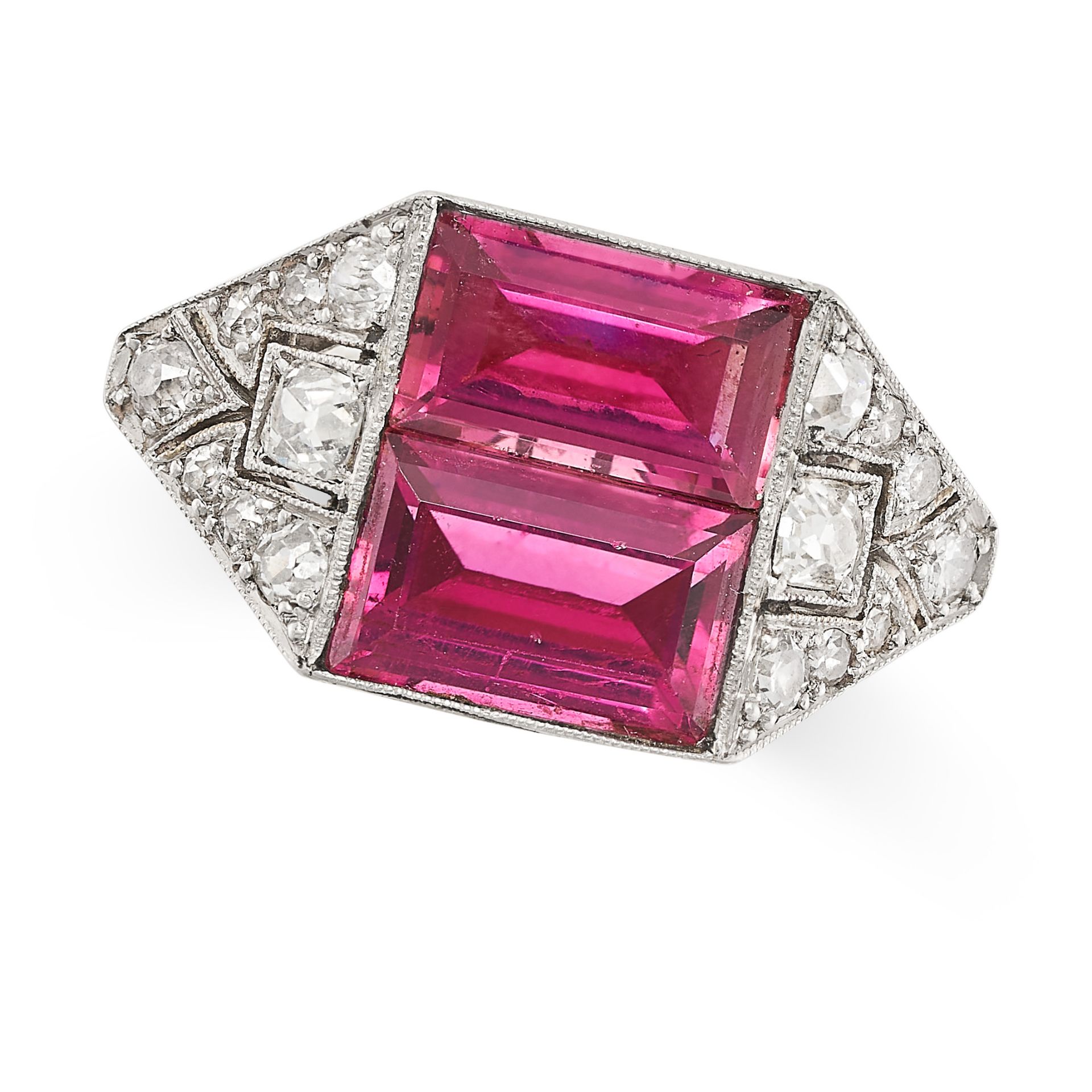 A FINE ART DECO PINK TOURMALINE AND DIAMOND RING in 18ct white gold, set with two rectangular step
