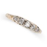 AN ANTIQUE DIAMOND FIVE STONE RING in yellow gold, set with five old cut diamonds, no assay marks,