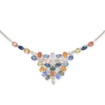 A MULTICOLOUR SAPPHIRE AND DIAMOND NECKLACE comprising a cluster of oval and marquise cut blue,