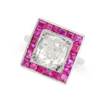 A RUBY AND DIAMOND TARGET RING set with an old cut diamond of 2.01 carats, within a square border