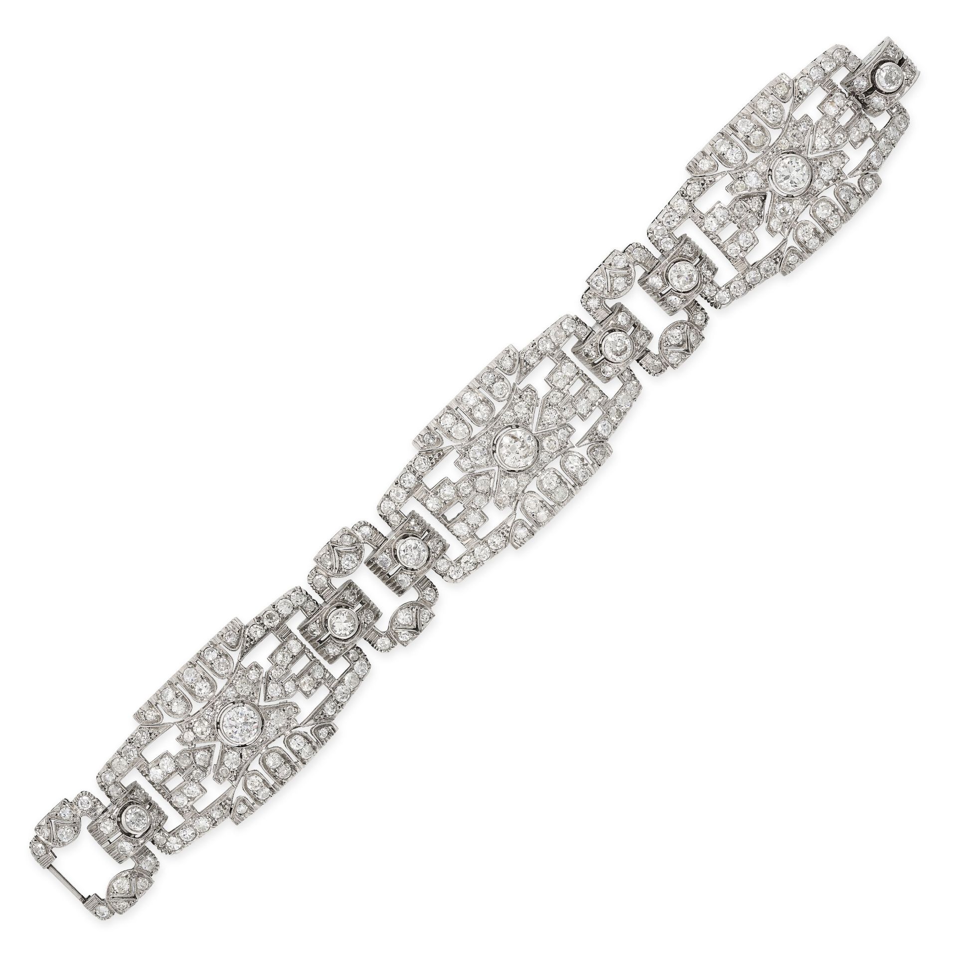 AN ART DECO DIAMOND BRACELET, CIRCA 1930 designed as three large open-work stylised panels,