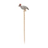 AN ANTIQUE RUBY, DIAMOND AND ENAMEL GUINEA FOWL STICK PIN in yellow gold and silver, set with rose