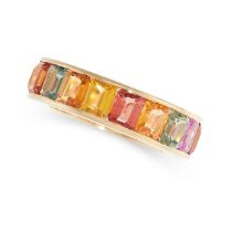 A MULTICOLOUR SAPPHIRE ETERNITY RING in 18ct yellow gold, set all around with octagonal cut pink,
