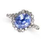 A CEYLON NO HEAT SAPPHIRE AND DIAMOND RING set with a cushion cut sapphire of 3.98 carats,