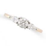 A DIAMOND THREE STONE RING in 18ct yellow gold, set with a round brilliant cut diamond between two