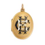 AN ANTIQUE LOCKET PENDANT in yellow gold, the hinged oval locket set to the front with a black and