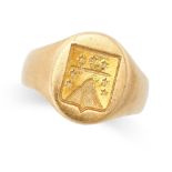 A VINTAGE GOLD SIGNET RING the oval face engraved with a crest, leading to a tapering band, no assay