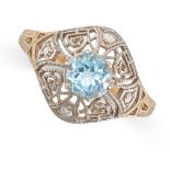 A BLUE TOPAZ AND DIAMOND RING in 9ct yellow gold, set with a central round cut blue topaz in a