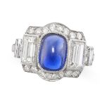 A FINE BURMA NO HEAT SAPPHIRE AND DIAMOND RING set with a sugarloaf cabochon sapphire of 2.44