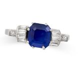 A SAPPHIRE AND DIAMOND RING set with an octagonal step cut sapphire of 1.92 carats, accented by