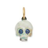 A SAPPHIRE AND ENAMEL MEMENTO MORI PENDANT designed as a skull with silver teeth, the eyes set