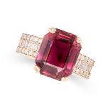 A PINK TOURMALINE AND DIAMOND RING in 18ct rose gold, set with an emerald cut pink tourmaline of 6.