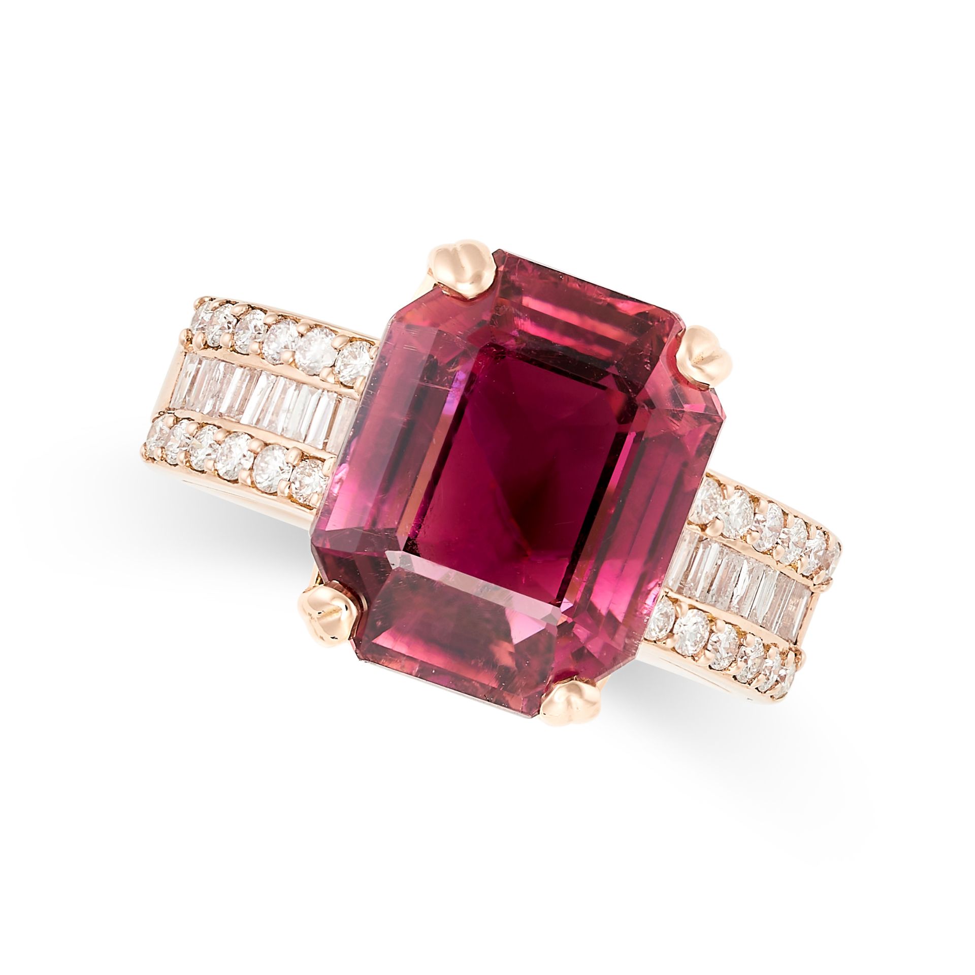 A PINK TOURMALINE AND DIAMOND RING in 18ct rose gold, set with an emerald cut pink tourmaline of 6.