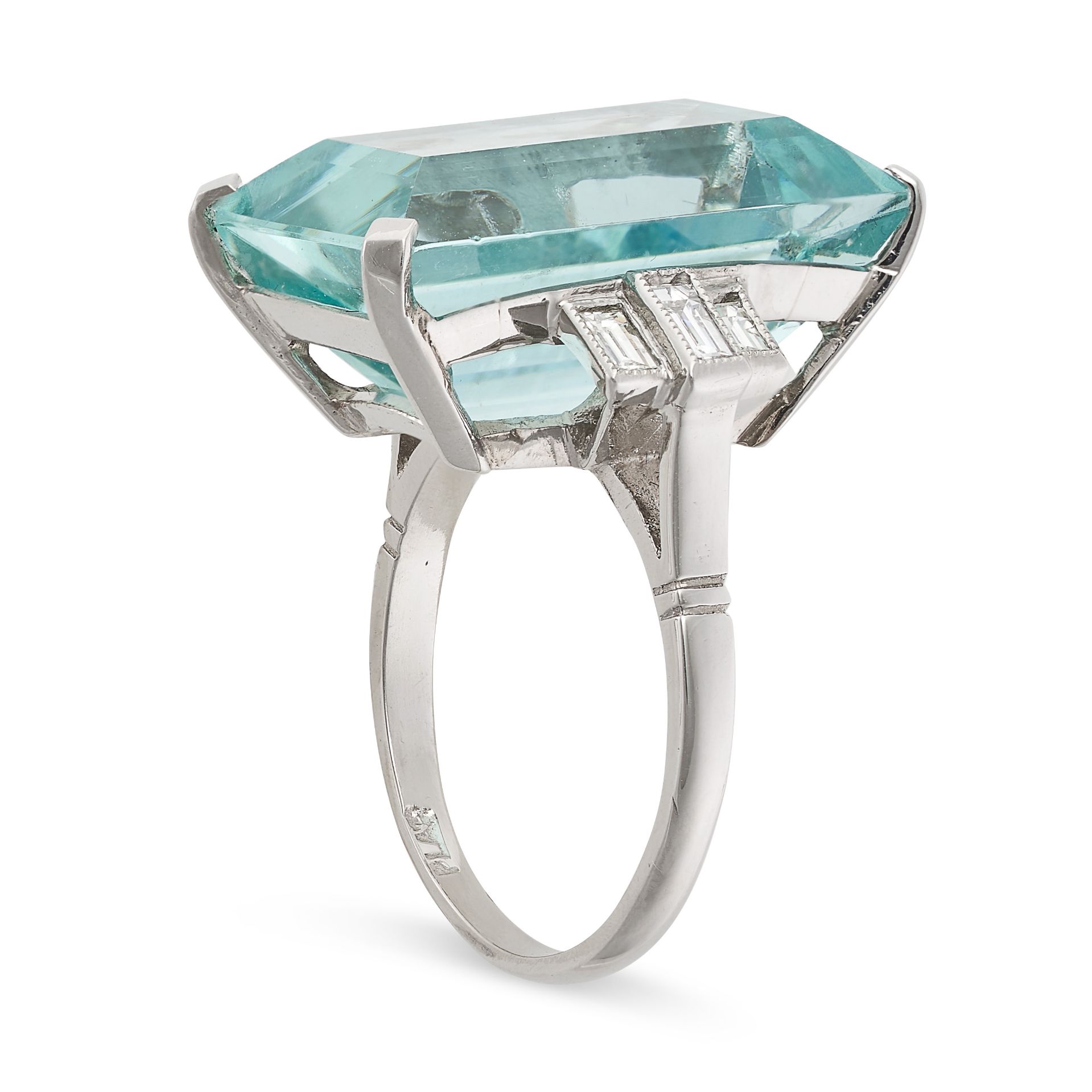 AN AQUAMARINE AND DIAMOND RING in platinum, set with a rectangular step cut aquamarine of 18.35 - Image 2 of 2