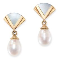 A PAIR OF MOTHER OF PEARL AND PEARL DROP EARRINGS in 9ct yellow gold, each comprising a fan motif