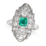 AN EMERALD AND DIAMOND PLAQUE RING the geometric face set with an octagonal step cut emerald of 0.56