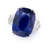 A CEYLON SAPPHIRE AND DIAMOND RING in platinum, set with a cushion cut sapphire of 15.08 carats