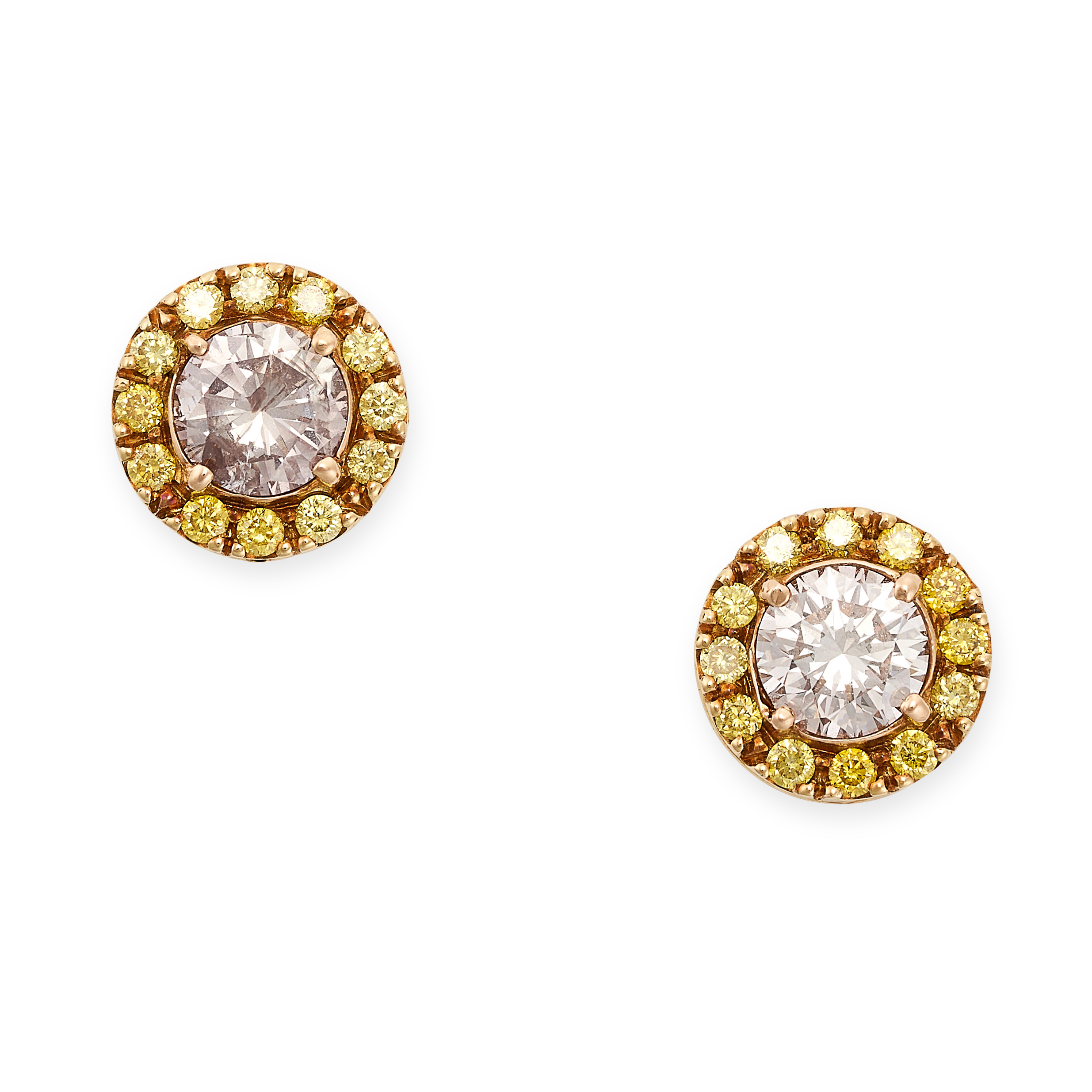 A PAIR OF PINK AND YELLOW DIAMOND STUD EARRINGS each set with a round brilliant cut pink diamond