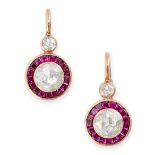 A PAIR OF RUBY AND DIAMOND TARGET DROP EARRINGS in 14ct rose gold, each set with a rose cut